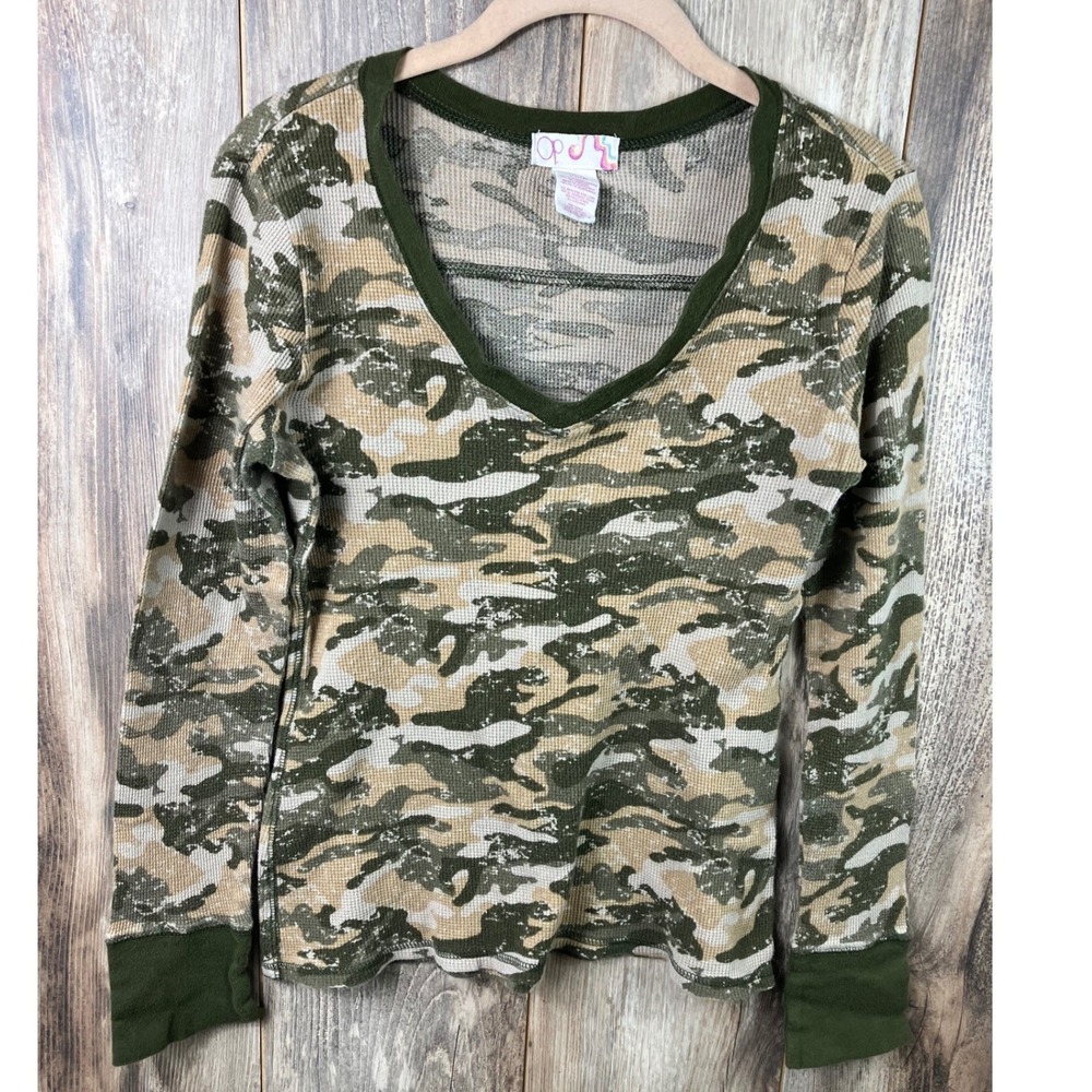 Ocean Pacific OP Womens Camo Waffle Knit Thermal V-Neck Top Olive Green L 11/13